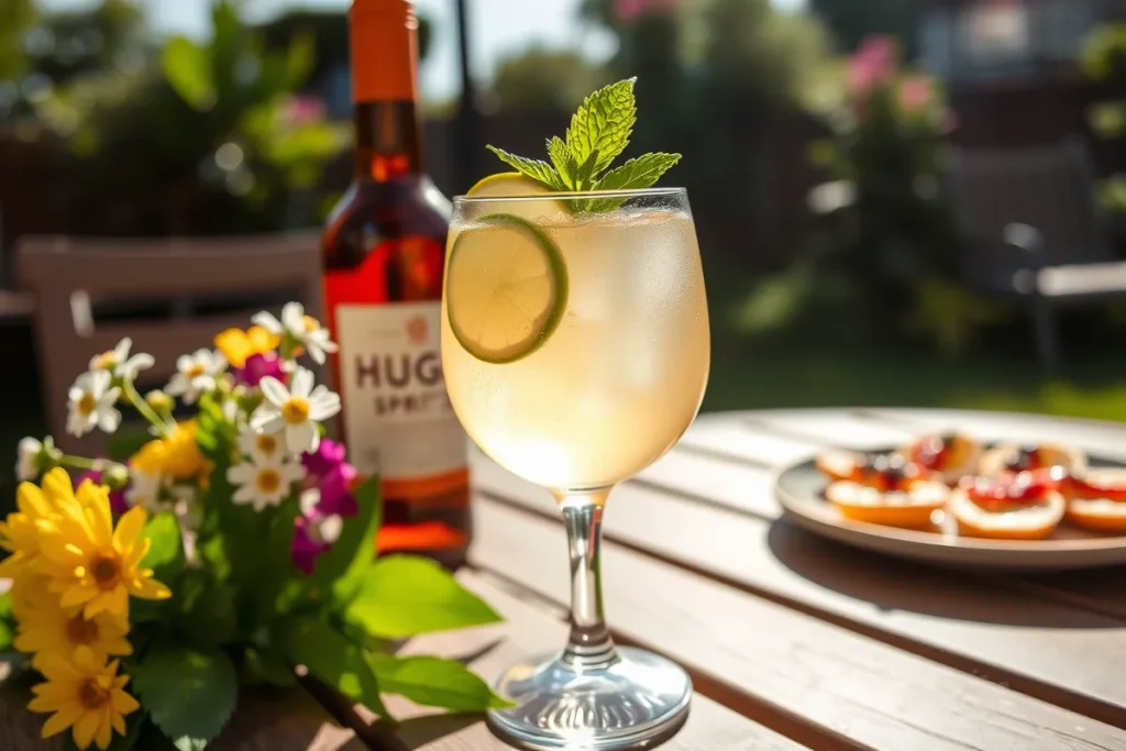 A finished Hugo Spritz cocktail, elegantly garnished with a mint sprig and a lime wheel, placed on an outdoor table under the sun. Surround with summery decor like flowers and a small plate of appetizers.