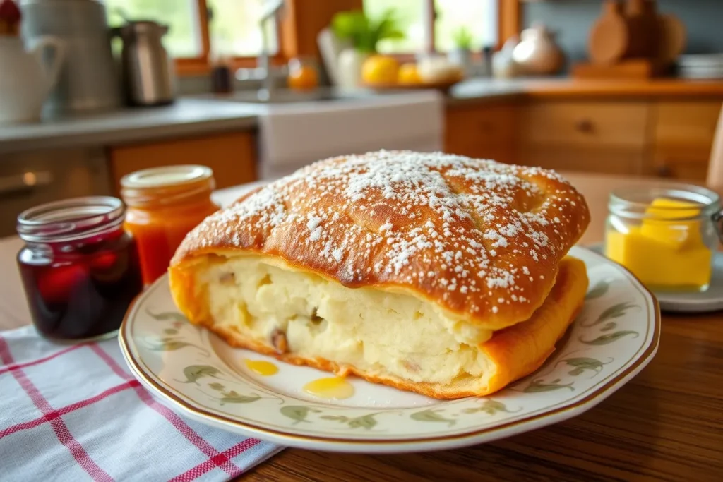 A traditional Swiss gipfeli on a porcelain plate, accompanied by small jars of jam and butter, set in a cozy kitchen with soft natural lighting