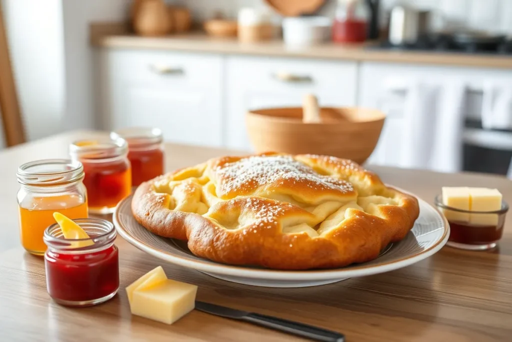 A traditional Swiss gipfeli on a porcelain plate, accompanied by small jars of jam and butter, set in a cozy kitchen with soft natural lighting