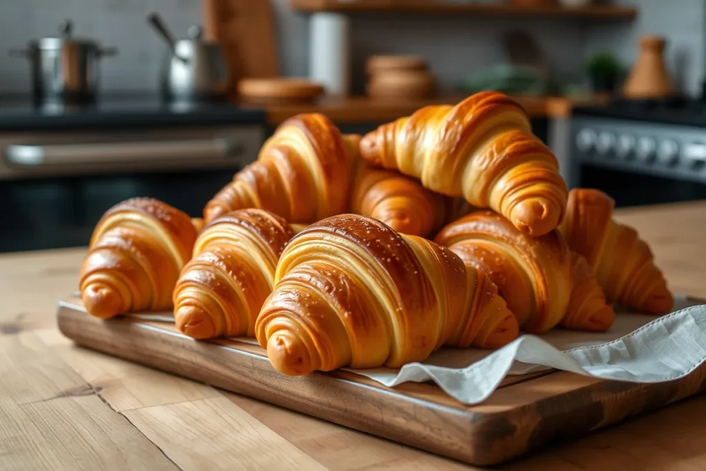 A rustic tray filled with golden-brown, freshly baked croissants with flaky layers, displayed in a cozy kitchen setting with soft, warm lighting