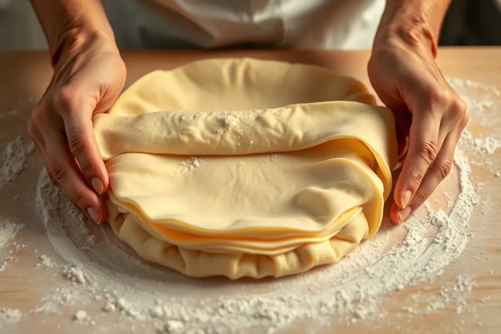 A baker’s hands rolling out croissant dough on a lightly floured surface. The scene shows thin, even layers of dough and butter, with precise folds, creating a beautiful lamination effect under warm kitchen lighting