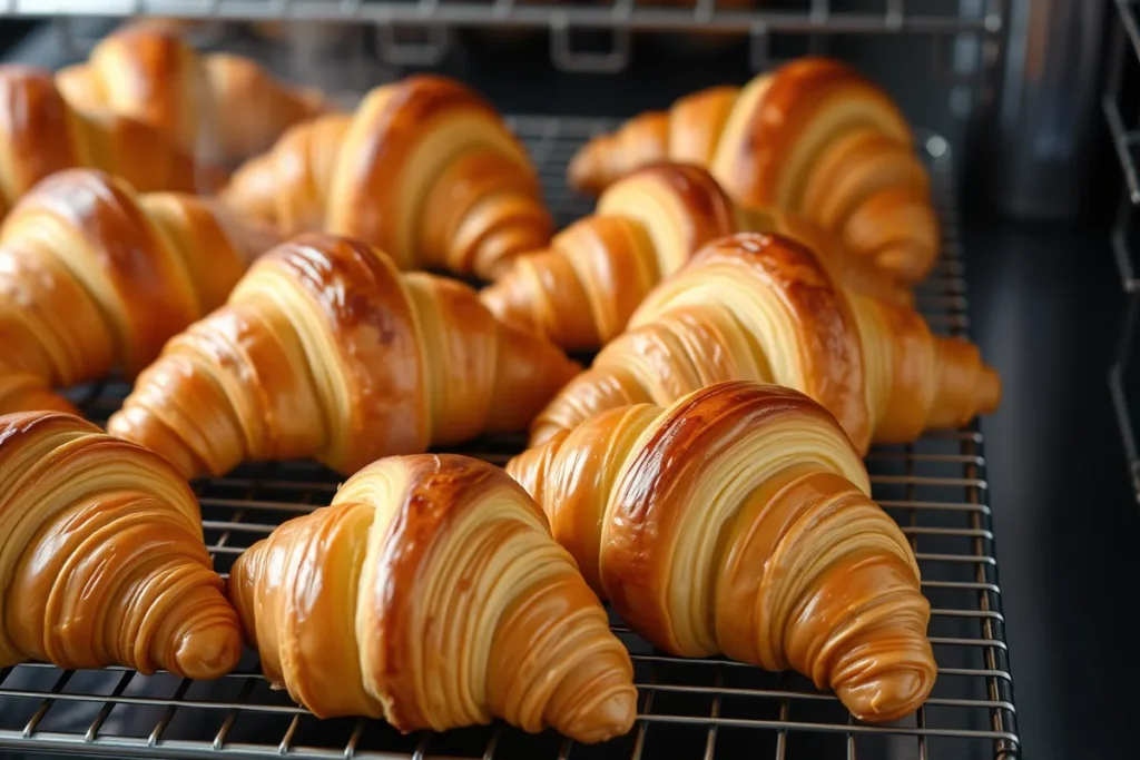 A tray of golden-brown croissants fresh from the oven, displayed on a cooling rack. The croissants are flaky, with visible layers, a buttery sheen, and steam rising, creating an irresistible, mouth-watering appearance