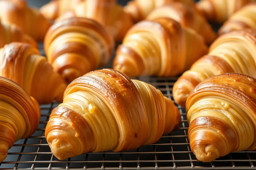 Freshly baked golden-brown croissants on a cooling rack, featuring flaky, buttery layers with a warm sheen and rising steam for an appetizing display