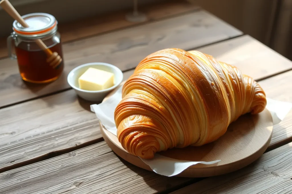 A golden, flaky croissant on a rustic wooden table