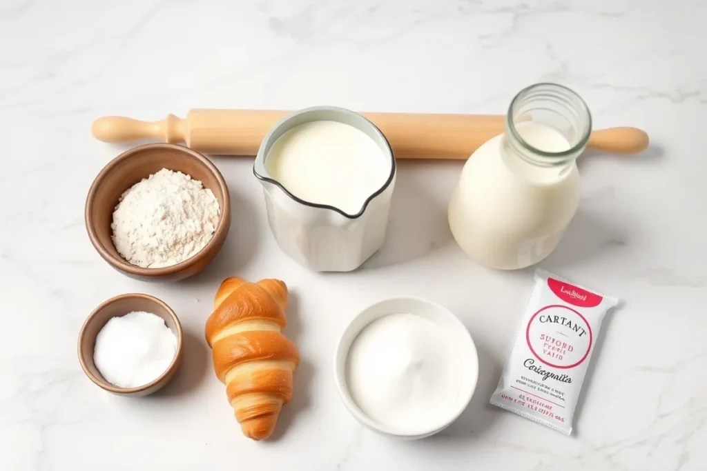 Flat lay of croissant ingredients on a marble surface: flour in a bowl, a block of butter, a jug of milk, sugar in a small bowl, and a packet of yeast with a rolling pin in the background.