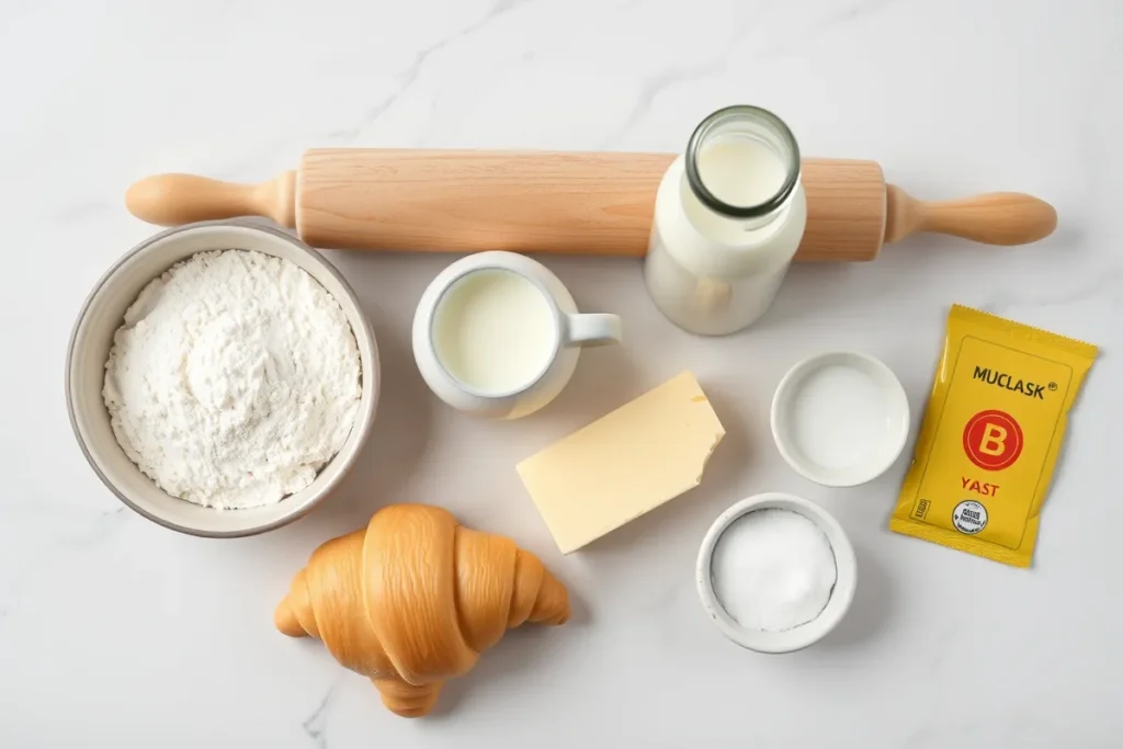 A flat lay composition showing individual croissant ingredients on a clean marble surface: a bowl of flour, a block of butter, a jug of milk, a small bowl of sugar, and a packet of yeast, neatly arranged with a rolling pin in the background