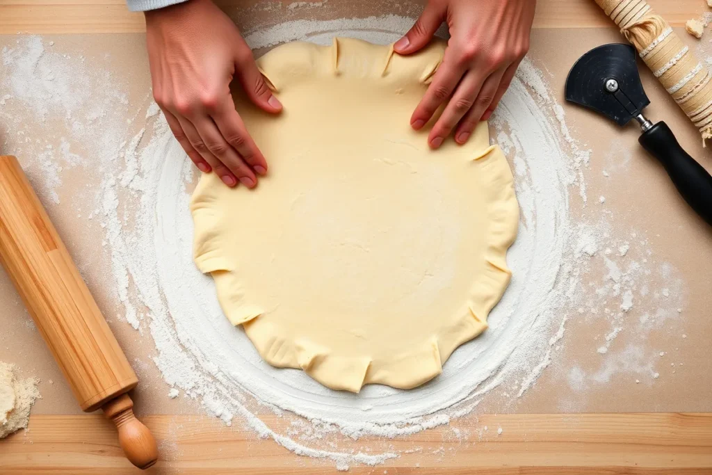 A baker’s hands rolling out croissant dough on a floured surface, showing visible butter layers, with baking tools like a rolling pin and pastry cutter nearby.