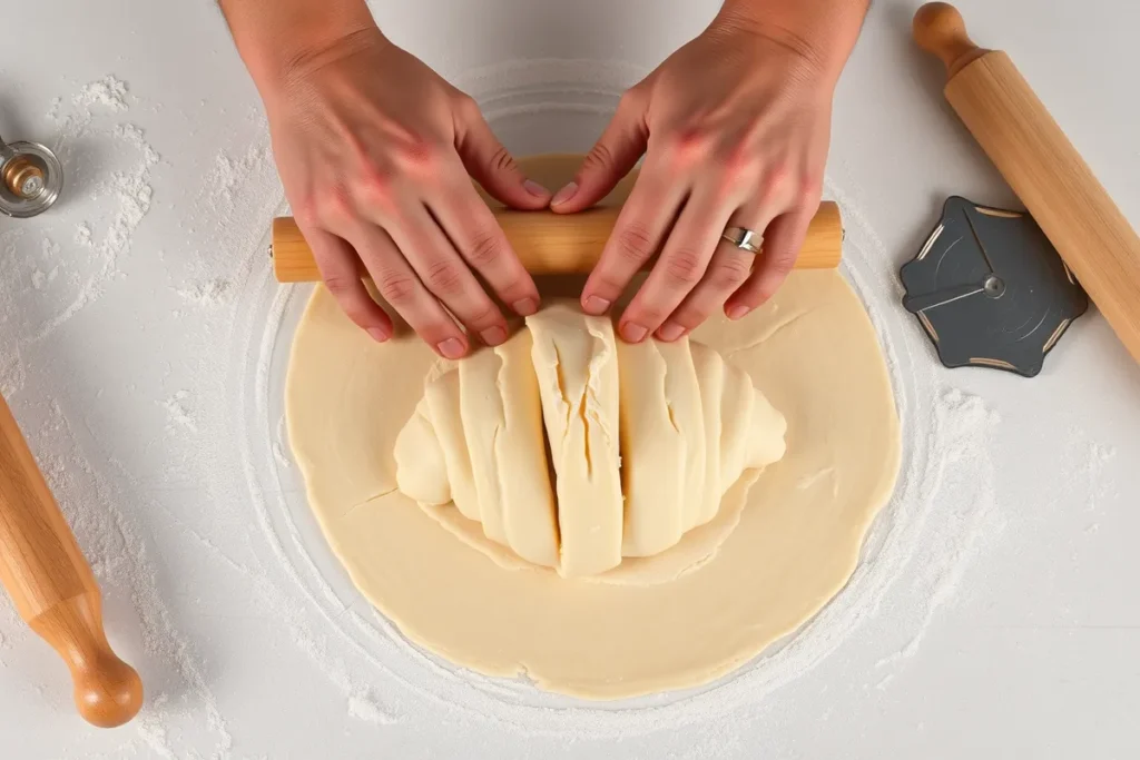 A baker’s hands rolling out croissant dough on a lightly floured surface, with butter layers visible in the dough, surrounded by tools like a rolling pin and a pastry cutter