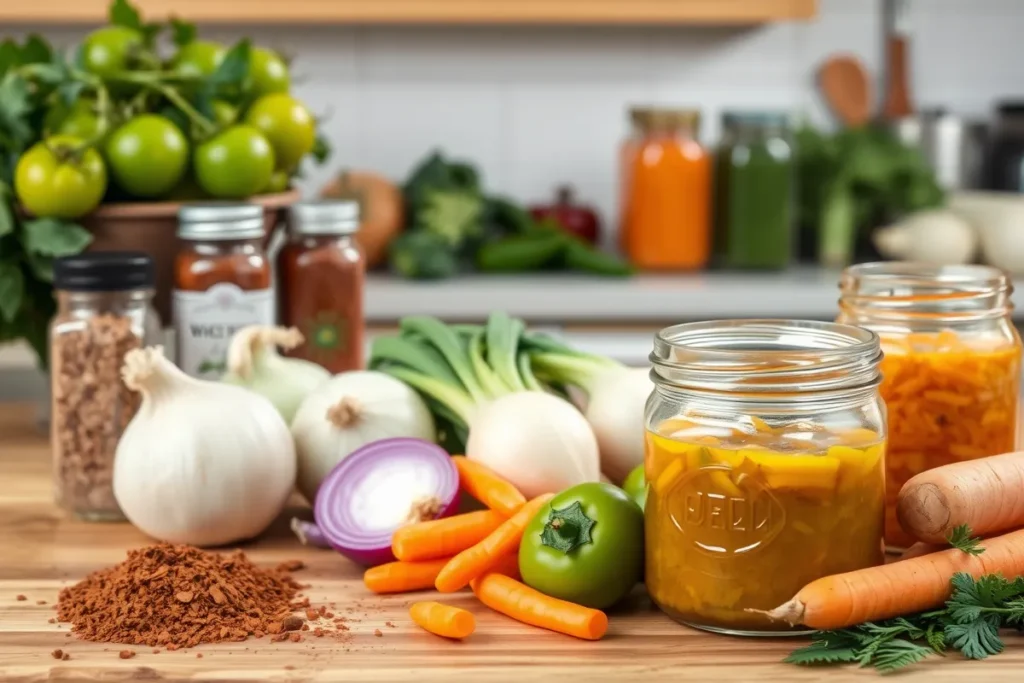 A detailed kitchen setup with fresh vegetables like green tomatoes, onions, peppers, and carrots neatly arranged on a wooden countertop, alongside spices and mason jars, representing the preparation of Chow Chow relish. Bright, natural lighting