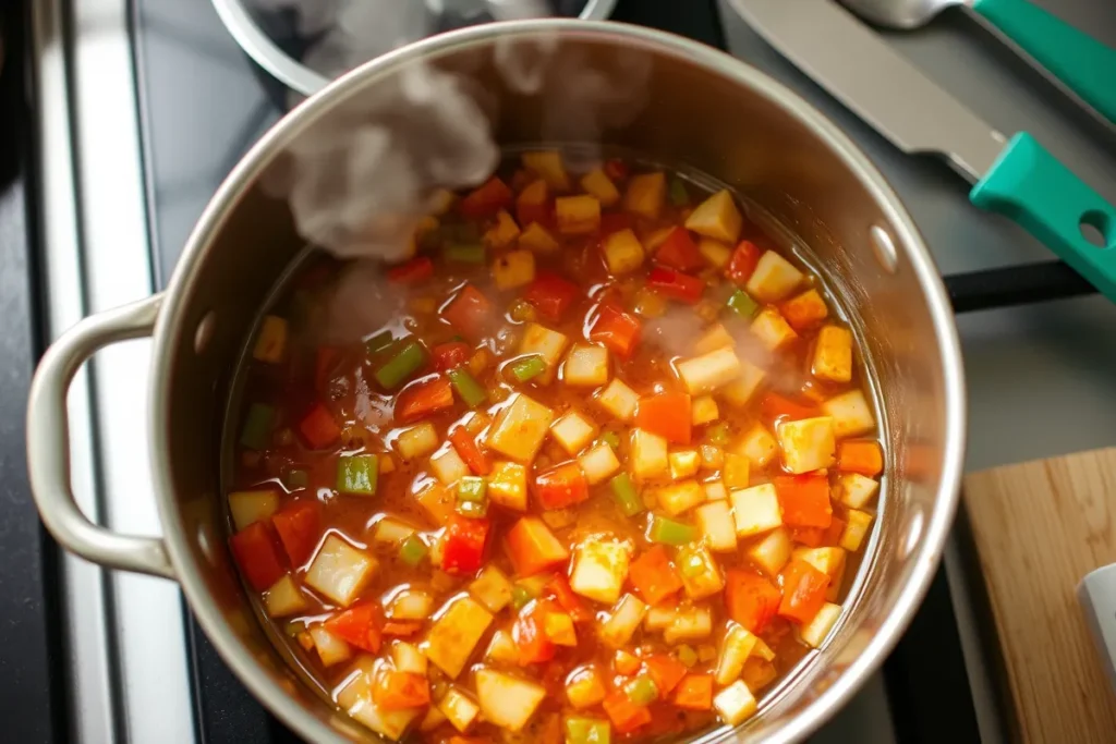 A mid-process image showing a pot of chopped vegetables simmering in a tangy vinegar-spice mixture on a stovetop, with steam rising and utensils nearby, capturing the essence of cooking Chow Chow relish.