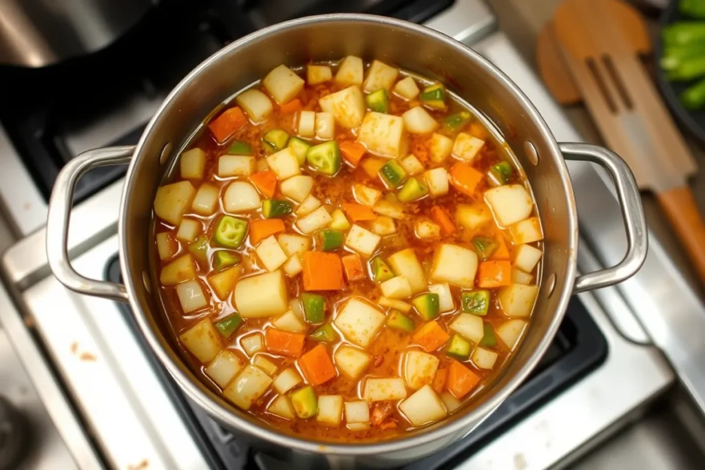 A pot of chopped vegetables simmering in a tangy vinegar-spice mixture on a stovetop, with steam rising and nearby utensils, highlighting the cooking process of Chow Chow relish