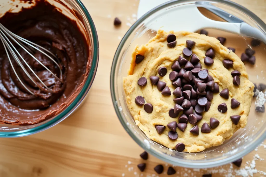 Two mixing bowls on a wooden kitchen counter, one holding rich brownie batter and the other golden cookie dough with chocolate chips, surrounded by a whisk, spatula, and scattered flour and chocolate chips