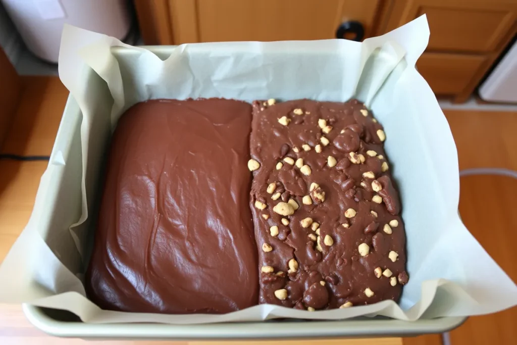 A baking tray lined with parchment paper, half filled with a smooth, glossy brownie layer, and the other half topped with a thick, textured cookie dough layer. The layers are perfectly even and ready for the oven, with a warm, rustic kitchen in the background