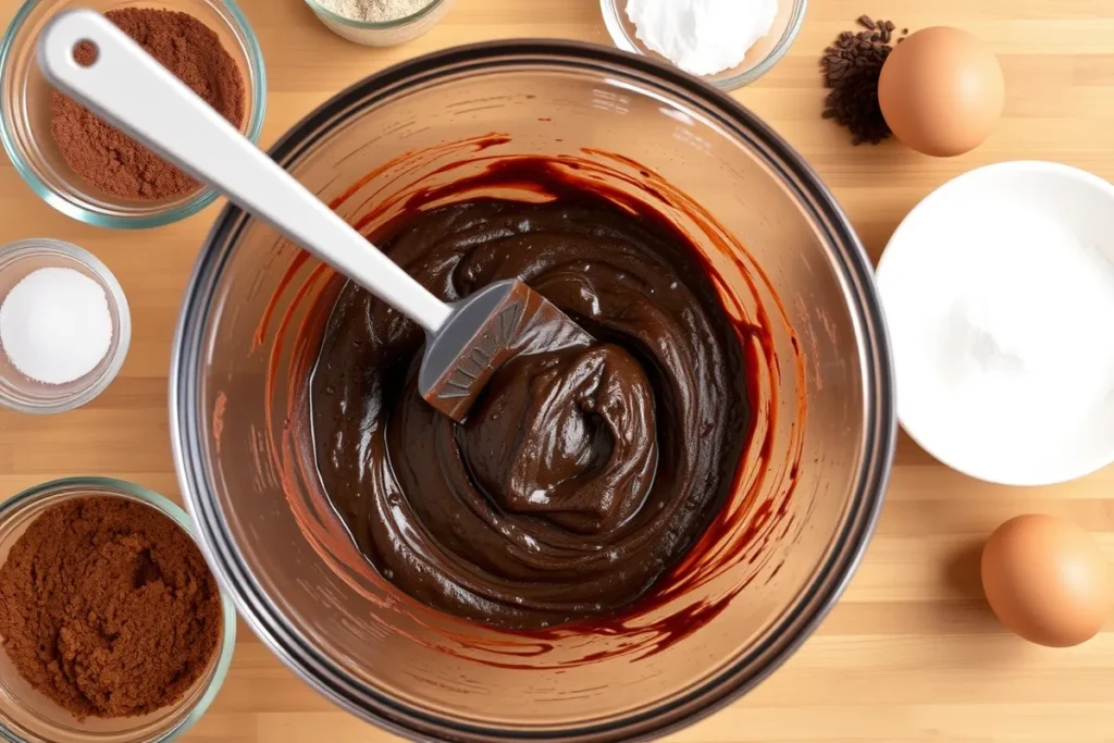 A clear overhead view of a mixing bowl with rich, fudgy brownie batter being mixed with a spatula, surrounded by baking ingredients like cocoa powder, eggs, and sugar on a wooden countertop