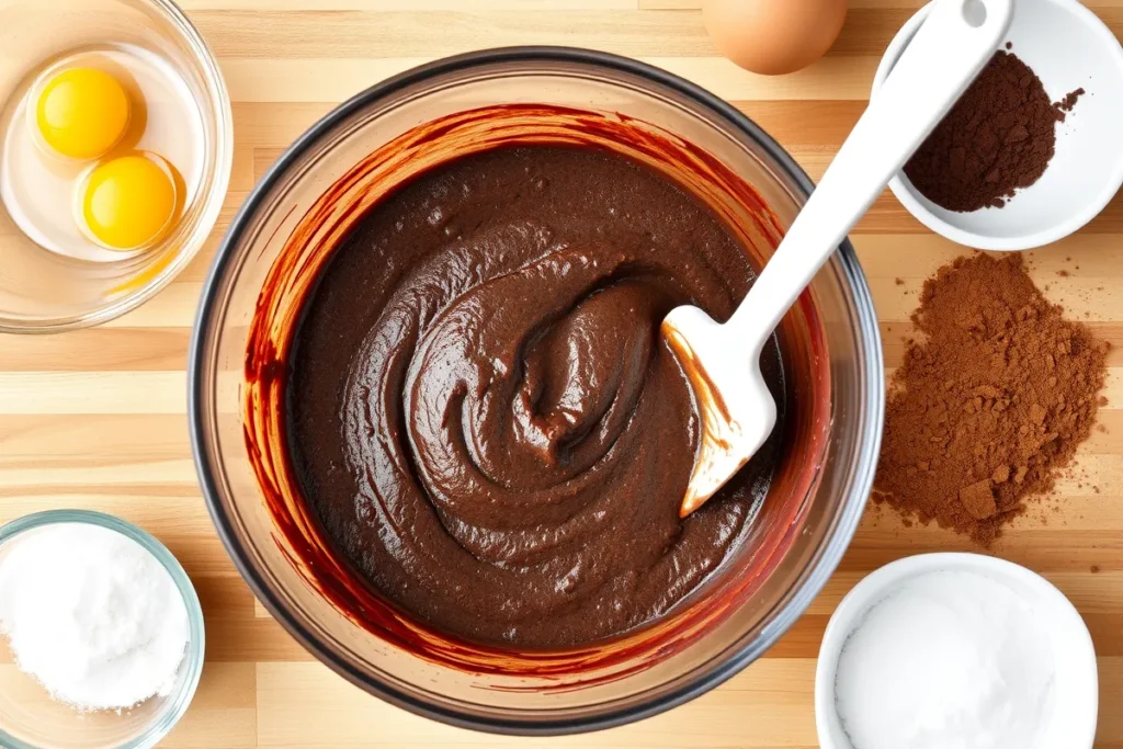 Overhead view of a mixing bowl with rich brownie batter being stirred with a spatula, surrounded by cocoa powder, eggs, and sugar on a wooden countertop