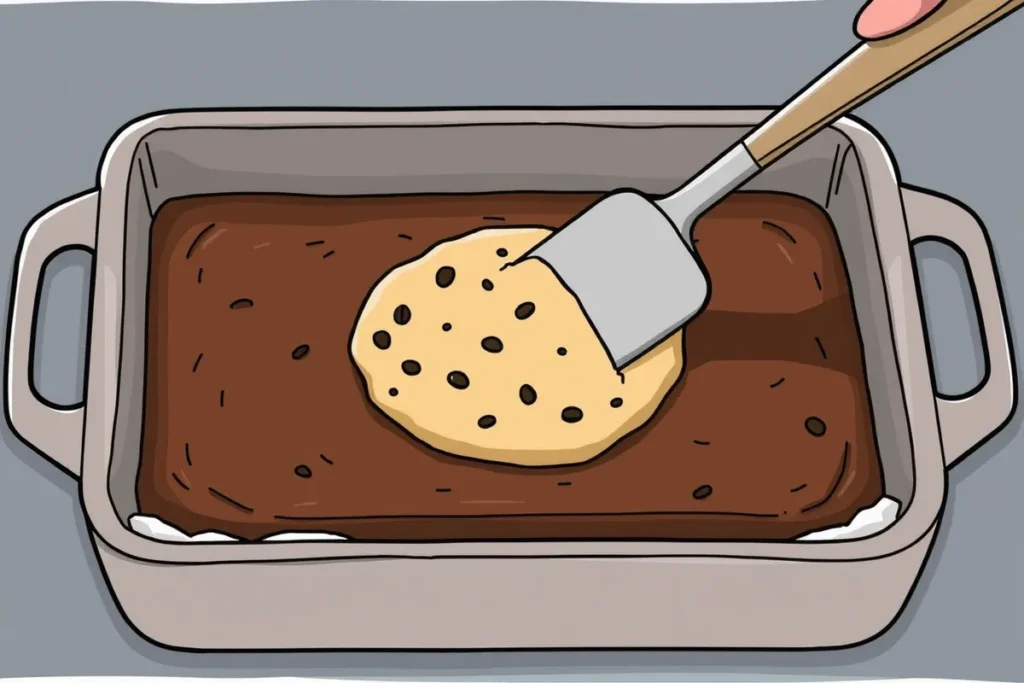 Cross-section view of a baking tray with a smooth layer of brownie batter topped with cookie dough being evenly spread using a spatula.