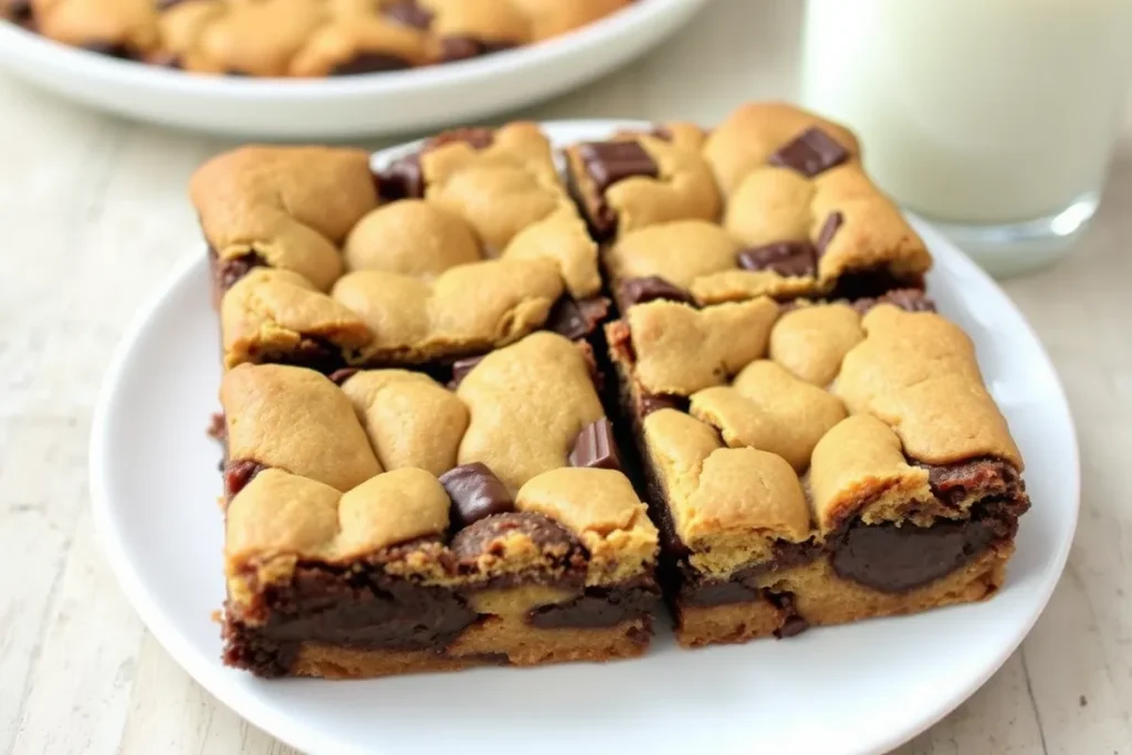 Freshly baked brookie cut into squares, showcasing layers of gooey brownie and golden cookie, served on a white plate with a glass of milk