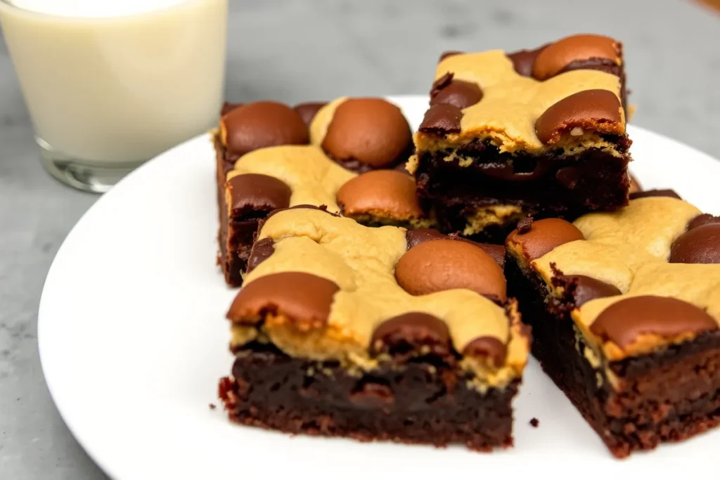 Freshly baked brookie cut into squares, showcasing layers of gooey brownie and golden cookie, served on a white plate with a glass of milk.