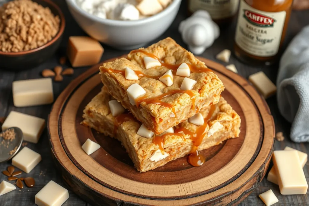 Golden brown blondie with a soft, chewy texture, topped with white chocolate chunks and caramel drizzle, served on a rustic wooden plate surrounded by brown sugar, butter, and vanilla extract.