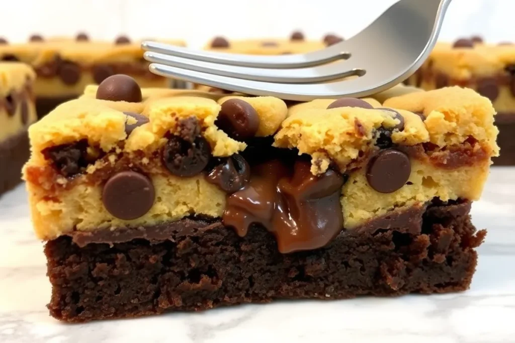 Layered brookie dessert with a fudgy chocolate brownie base and a gooey chocolate chip cookie topping, displayed on a marble countertop with a fork cutting into it to show contrasting textures.

