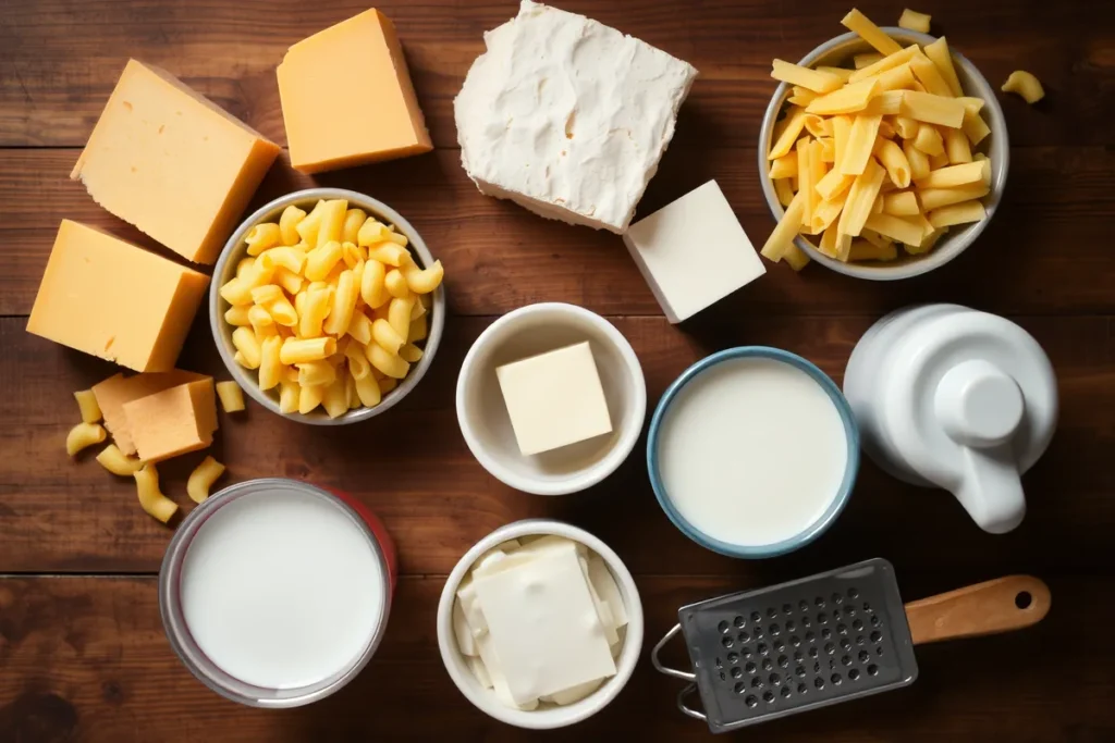 Top-down view of fresh ingredients for mac and cheese, including blocks of sharp cheddar, mozzarella, and Colby Jack cheese, uncooked elbow macaroni, a stick of butter, and a jug of milk, all arranged neatly on a rustic wooden kitchen table