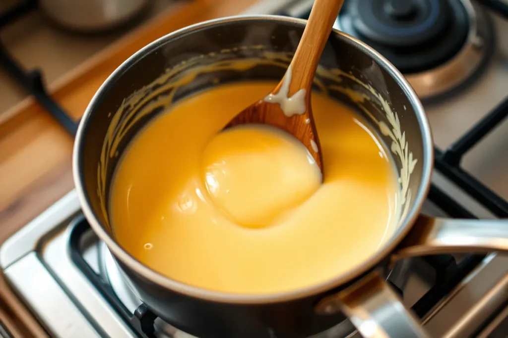 Close-up of a saucepan with creamy, golden cheese sauce being stirred gently with a wooden spoon. The sauce looks smooth and glossy, with steam rising softly, highlighting its warm and rich texture.