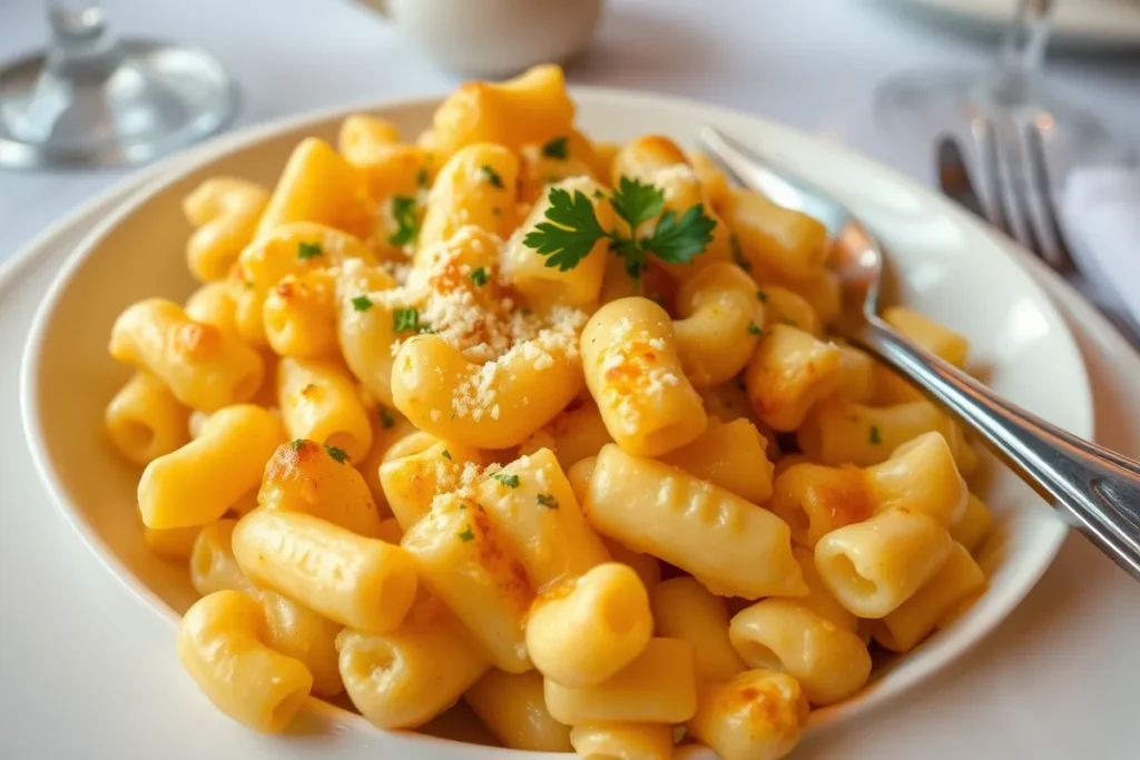 Delicious, creamy mac and cheese served in a white bowl, garnished with fresh parsley and extra shredded cheese. The bowl is placed on a wooden table, creating a cozy and inviting presentation of the dish