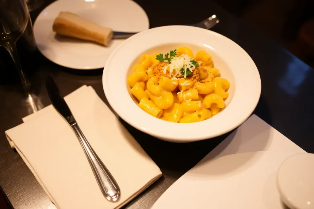 A beautifully plated serving of mac and cheese in a white bowl garnished with herbs like parsley and a sprinkle of extra cheese. The dish is placed on a cozy dining table with elegant cutlery, showcasing its creamy, golden, and slightly crispy texture