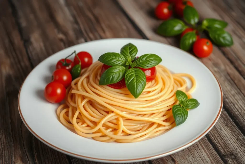 An elegantly plated Italian pasta dish garnished with fresh basil leaves and cherry tomatoes on a rustic wooden table, showcasing the pasta's smooth texture and golden hue.

