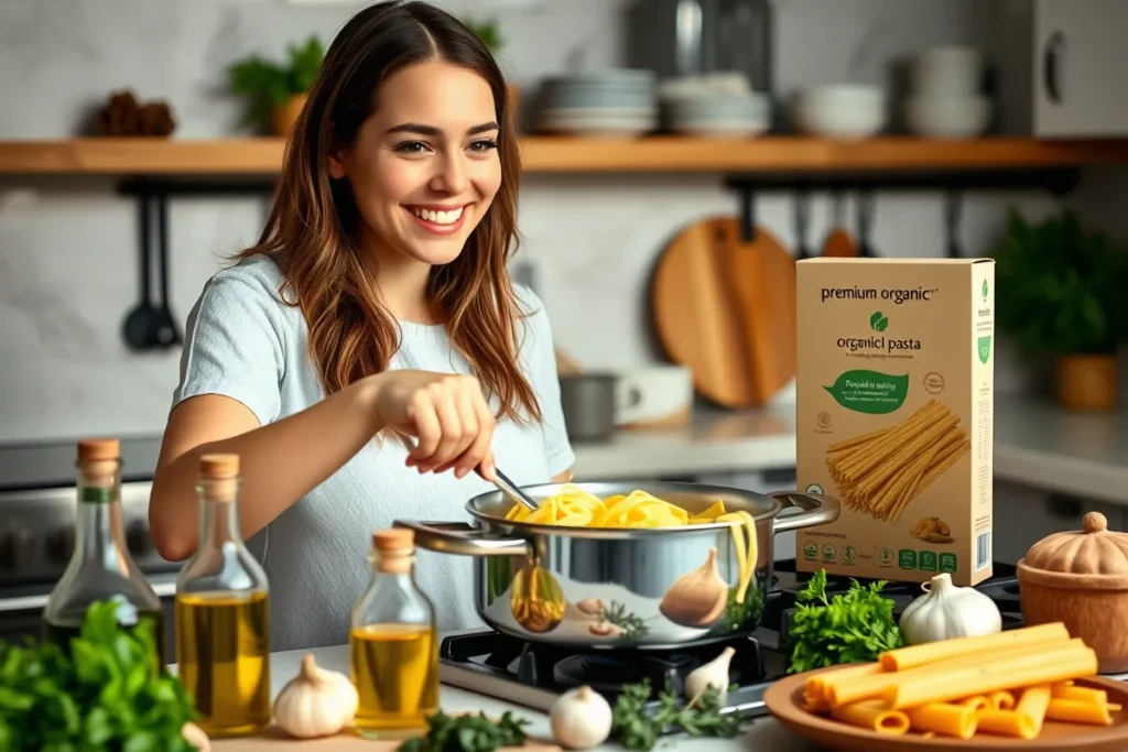 A cozy kitchen scene featuring a smiling young woman (not resembling any real celebrity) cooking pasta on a stove. The pasta box reads 'premium organic pasta,' and the setting includes fresh ingredients like olive oil, garlic, and herbs