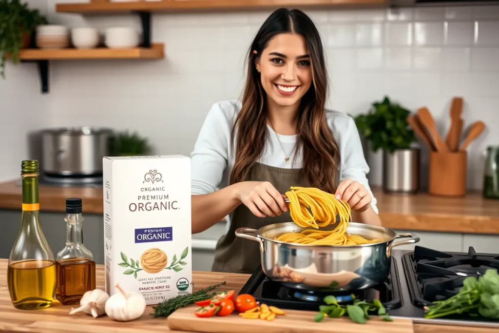 A cozy kitchen scene with a smiling young woman cooking pasta on a stove, surrounded by fresh ingredients like olive oil, garlic, and herbs, with a box labeled 'premium organic pasta'.

