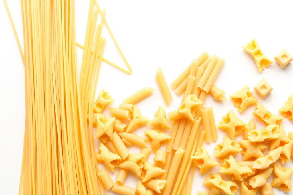 A close-up shot of assorted pasta types—spaghetti, penne, fusilli, and farfalle—arranged on a clean white background, emphasizing their textures, shapes, and colors.

