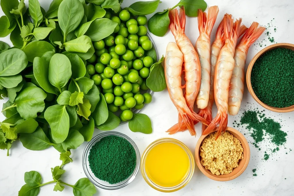 Top-down view of fresh fish food ingredients, including raw shrimp, peas, spinach, gelatin, and spirulina powder, neatly arranged on a kitchen counter under natural light.