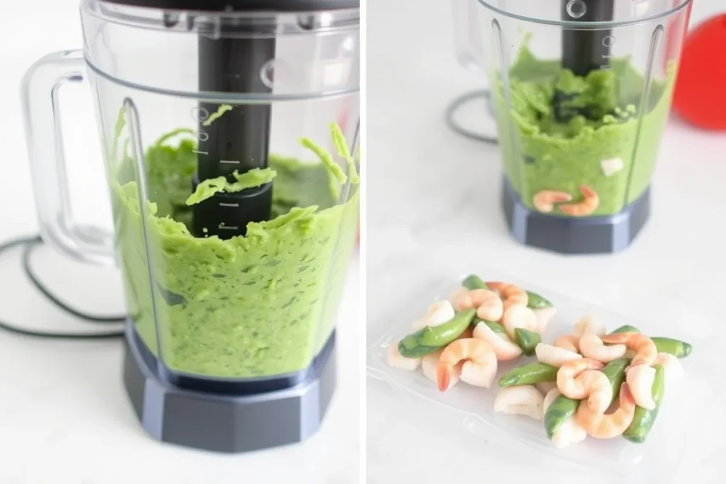 A close-up of a kitchen blender mixing green and protein-rich fish food paste, with visible hints of spinach and shrimp, on a clean countertop background.