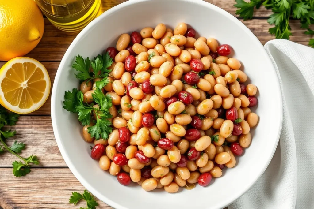 Mediterranean flavors meet in this healthy bean salad dish.