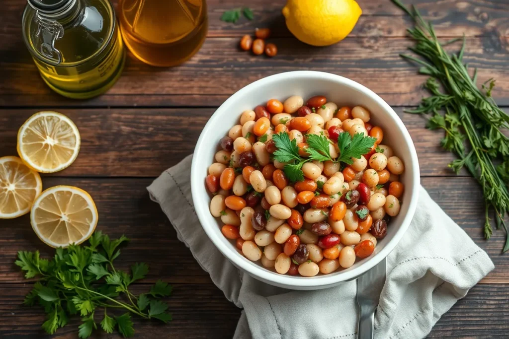 Dense bean salad served with sides	