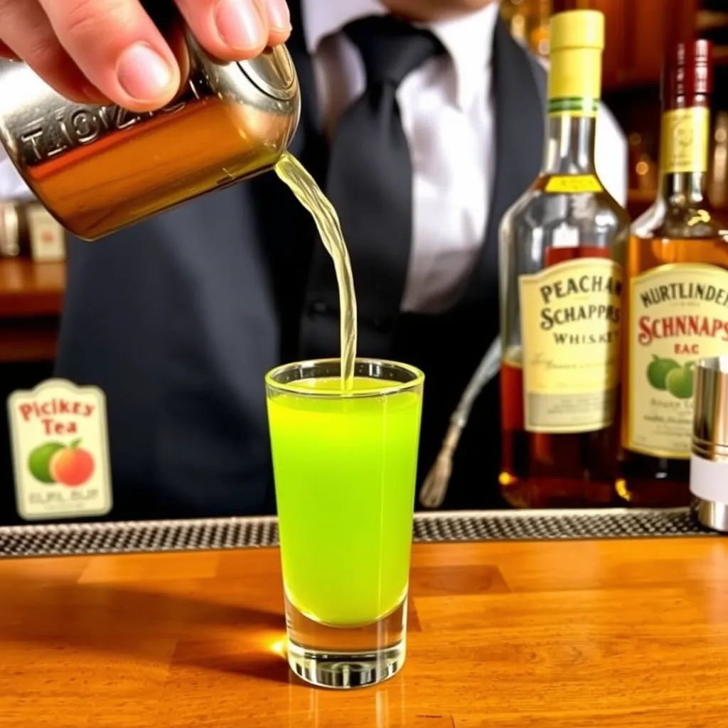 A bartender pouring a green tea shot into a shot glass, with bottles of Irish whiskey and peach schnapps in the background.