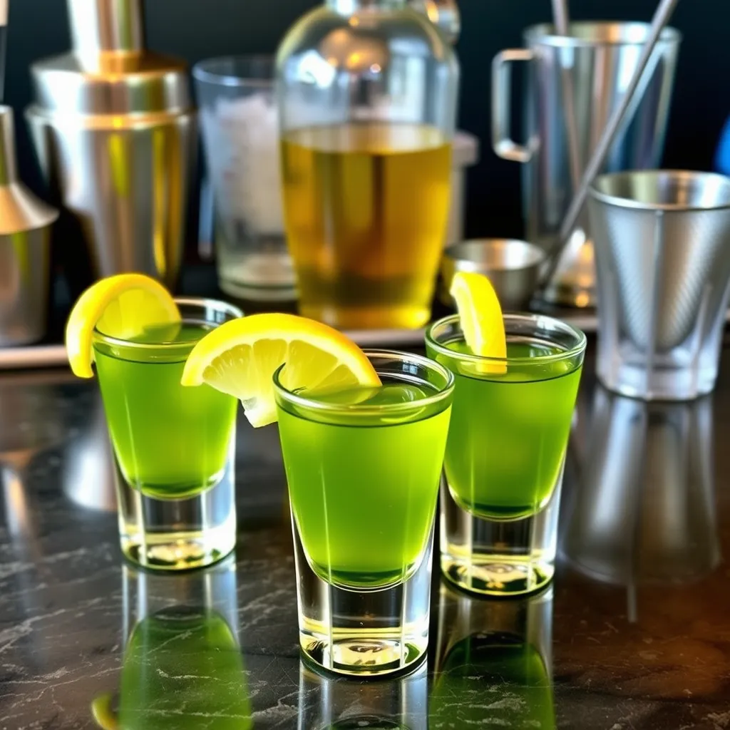 Three green tea shots garnished with lemon wedges, arranged on a rustic tray with cocktail-making tools like a shaker and strainer nearby