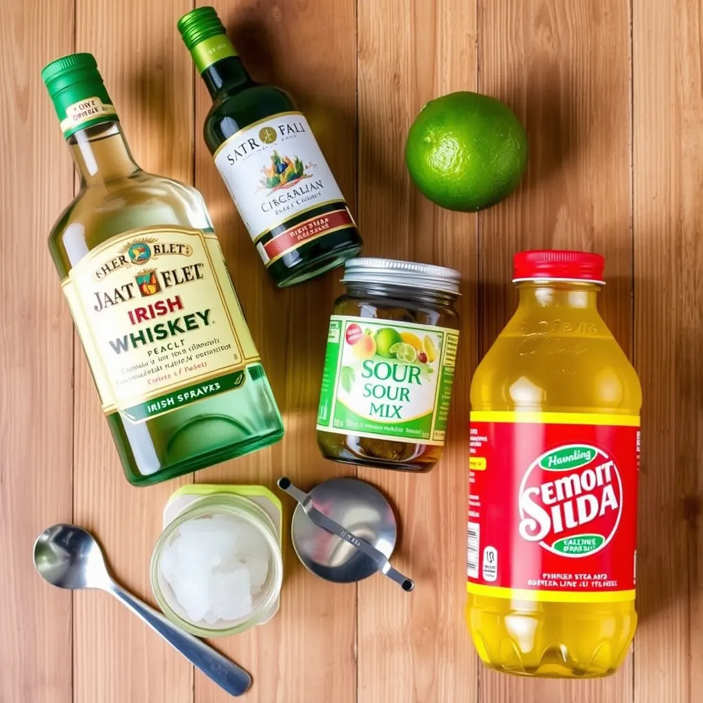 Flat lay of green tea shot ingredients including Irish whiskey, peach schnapps, sour mix, and lemon-lime soda arranged neatly on a wooden surface