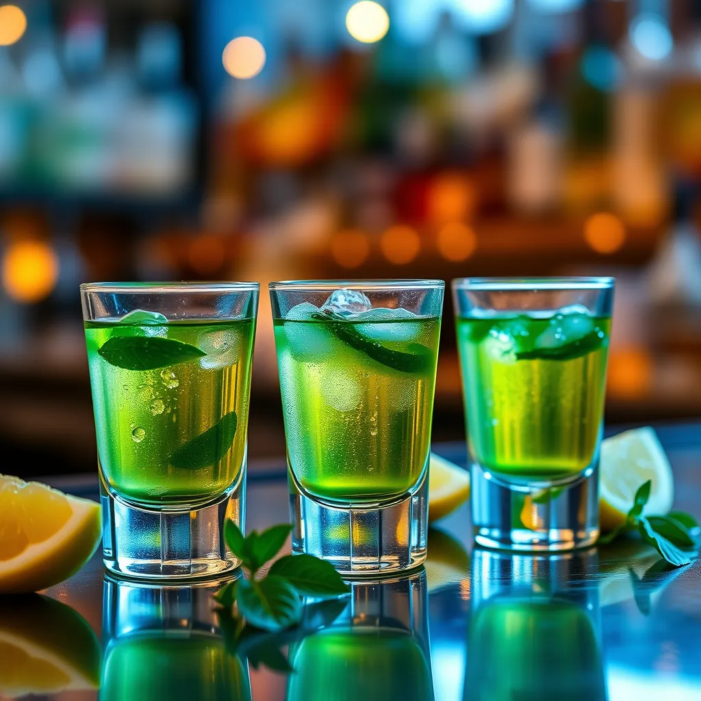 Three green tea shots served in chilled translucent glasses on a tray, garnished with lime wedges and surrounded by bright, colorful napkins