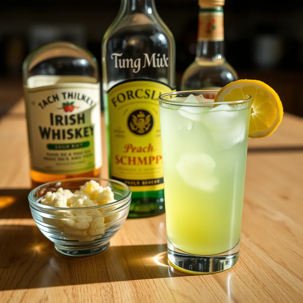 A green tea shot in a clear glass, topped with fizzy lemon-lime soda, garnished with a lemon slice, and placed on a wooden bar counter