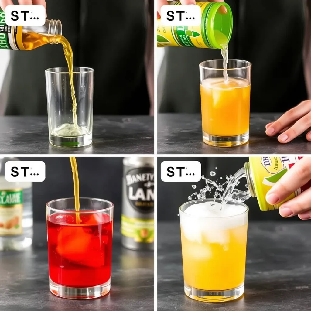 Step-by-step preparation of a green tea shot showing whiskey and schnapps being poured into a shaker, followed by mixing with ice and soda