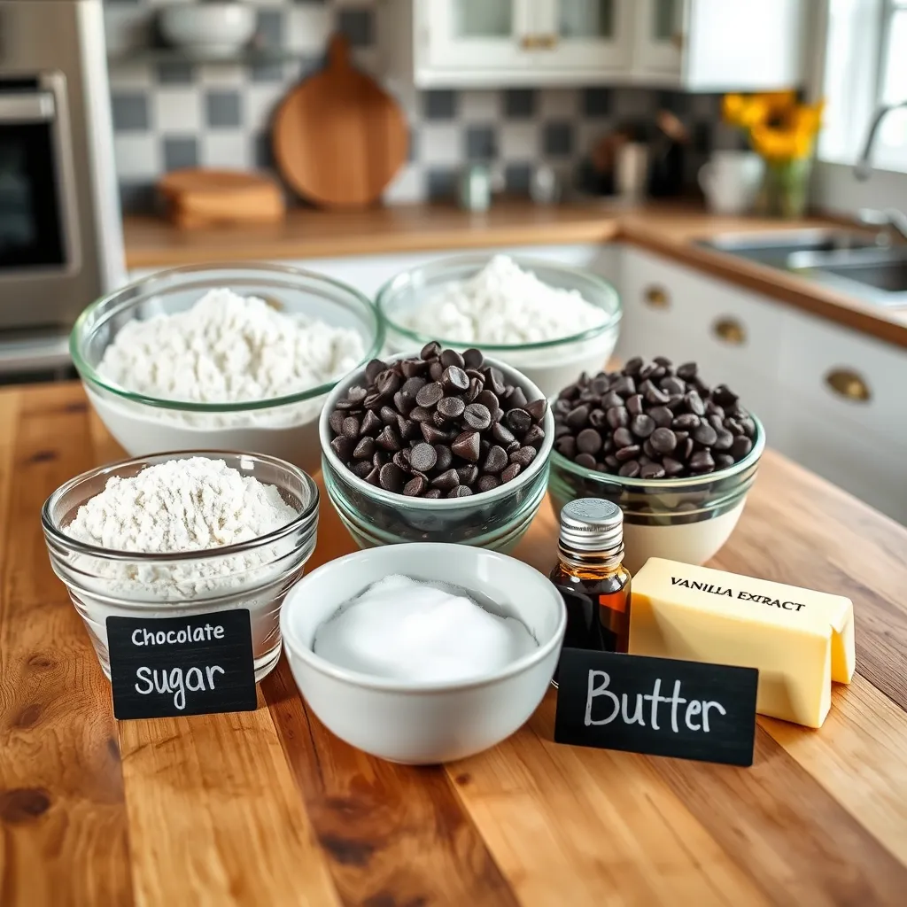 Overhead view of Nestle chocolate chip cookie ingredients, including flour, sugar, butter, eggs, chocolate chips, and vanilla extract, neatly arranged on a wooden countertop