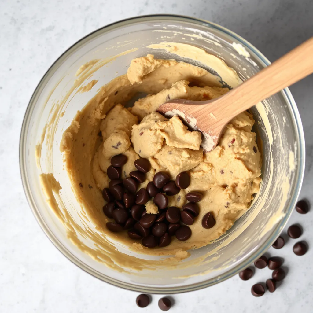 Close-up of cookie dough in a mixing bowl with chocolate chips being folded in using a wooden spoon, surrounded by scattered ingredients on the counter