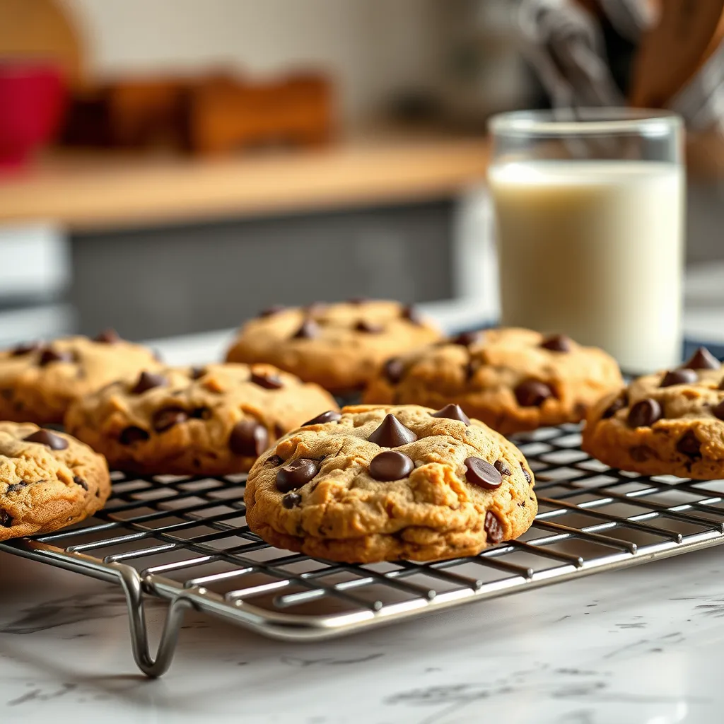 Golden brown Nestle chocolate chip cookies cooling on a wire rack with chocolate chips melting, placed next to a glass of milk on a rustic kitchen table