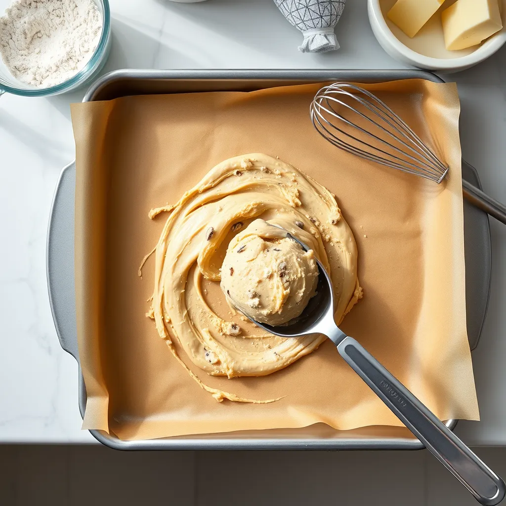 Cookie dough being scooped onto a baking sheet with flour, softened butter, and a whisk in the background, on a clean kitchen counter