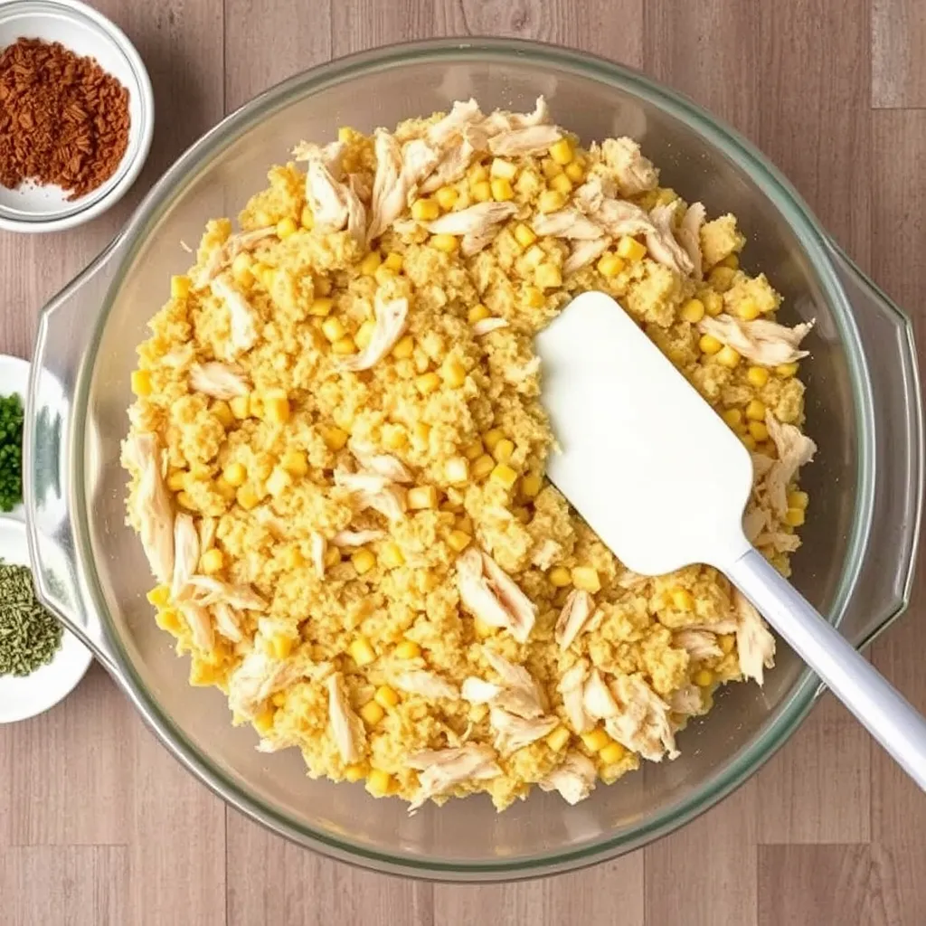 Step-by-step preparation of chicken dressing casserole in a glass baking dish, showing layers of chicken and cornbread dressing being assembled.