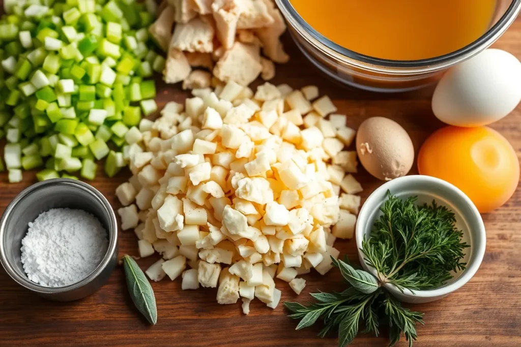 Chopped celery, diced onions, crumbled cornbread, fresh herbs, and chicken broth arranged on a wooden countertop for making chicken dressing.

