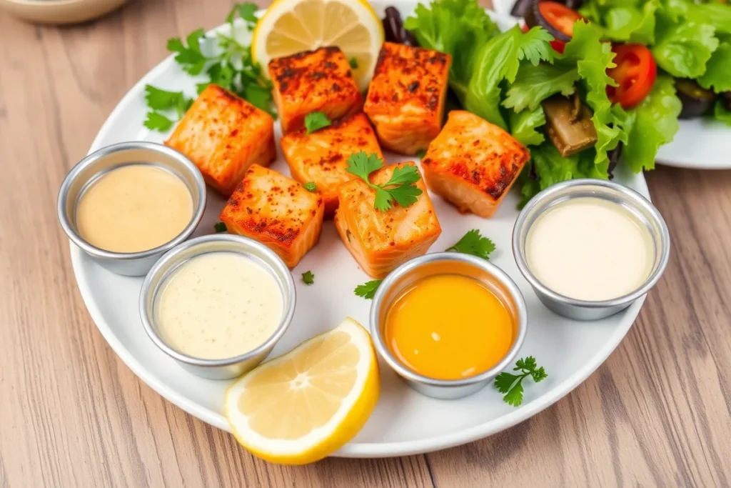 A vibrant, plated dish of salmon bites served on a white plate garnished with fresh parsley. Small bowls of dipping sauces (garlic aioli, sriracha mayo, and honey mustard) are arranged around the plate, with lemon wedges and a side salad for decoration