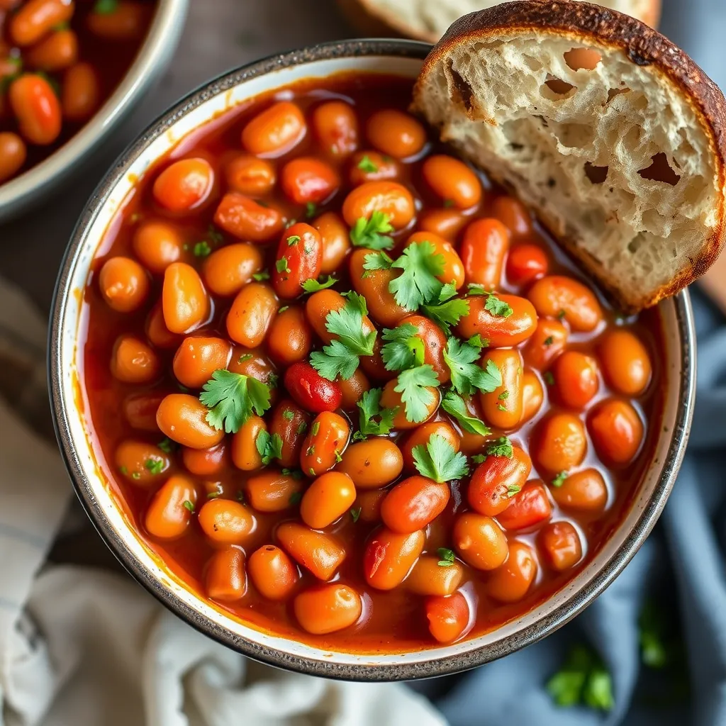 Baked beans in a rustic pot